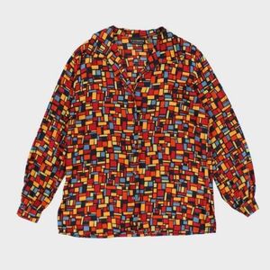Vintage Liz Claiborne 100% Silk Mosaic Print Blouse in Red, Yellow, and Blue